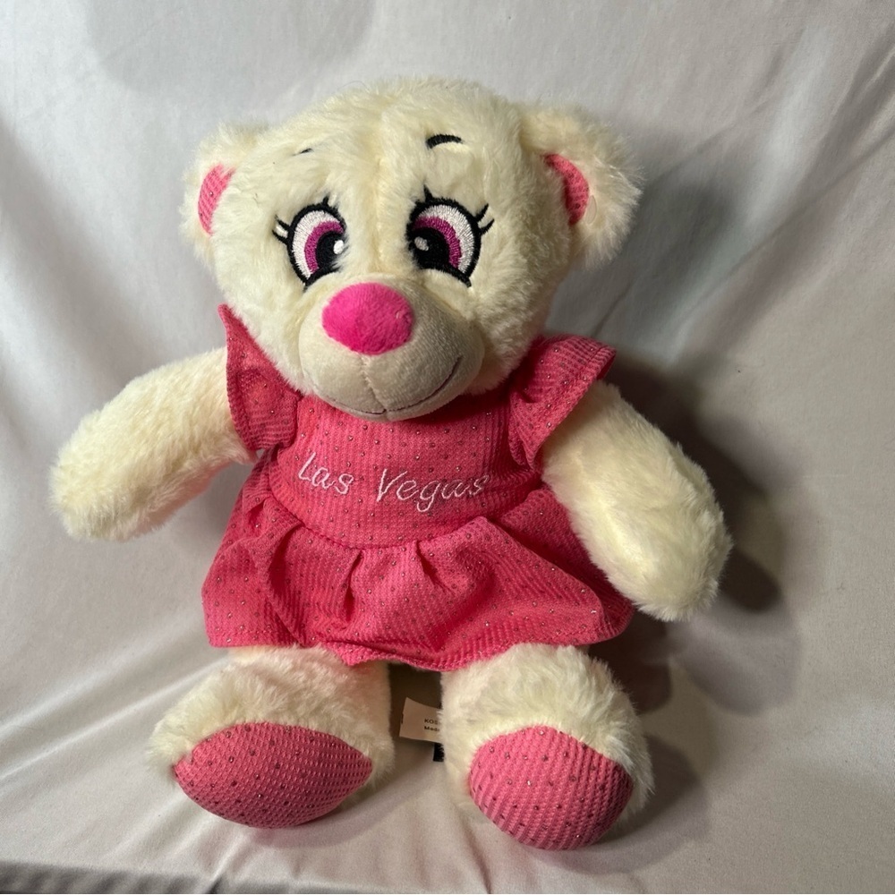 KOSKASH 8" WHITE TEDDY BEAR PINK SPARKLY DRESS LAS VEGAS STUFFED ANIMAL TOY